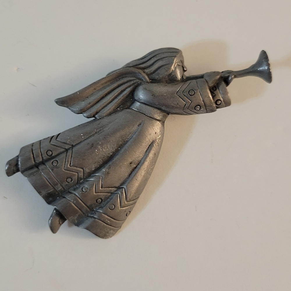 Vintage Angel Brooch W Horn Pewter